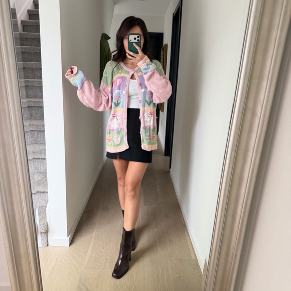 Vintage Cottagecore Grandmacore Fairy Coquette Bunny Pastel Knit Cardigan L - Picture 3 of 6